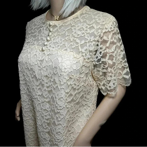 Vintage 60s Ivory Lace MOD Short Sleeve Dress Sz Small Summer Knee Length - Picture 4 of 12